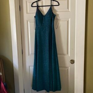 MORGAN AND CO. Teal caged back shimmer gown